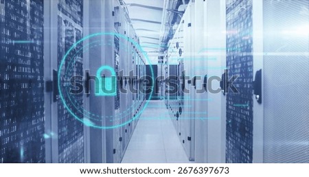 Displaying central data center corridor showing holographic lock icon, with server racks and cables. Cybersecurity, data protection, technology, network infrastructure, digital security, industrial,