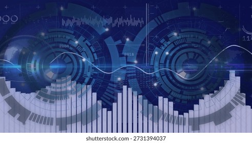Displaying central data display showing two circular HUDs and glowing waveform on screen with bars. Interface, dashboard, histogram, neon, teal, futuristic, analytics