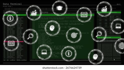 Displaying central green code editor window in terminal interface with circular function icons. Futuristic, interface, digital, technology, visualization, hud, sleek