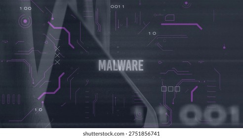 Displaying central MALWARE text dominating cyber graphic with violet circuit traces, hood motif. Security, threat, visualization, digital, abstract, network, futuristic