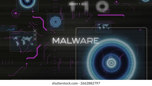 Displaying central MALWARE text hovering over dark cybersecurity dashboard, featuring circuit lines. Technology, data, digital, futurism, interface, visualization, network