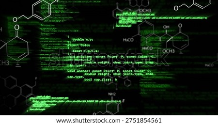 Displaying central neon-green program code on digital interface with chemical diagrams and labels. Cyber, biotech, visualization, molecule, hexagon, benzene, glow