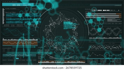 Displaying central node network on analytics dashboard, with teal hex patterns and bar charts. Futuristic, technology, data, digital, monitoring, interface, analysis