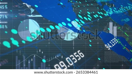 Displaying central pie chart streaming data in analytics dashboard, with world map and charts. Big data, visualization, technology, finance, digital, innovation, information