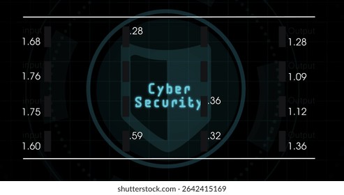 Displaying central shield emblem highlighting Cyber Security on interface, with input output bars. Technology, data, analytics, digital, protection, cybersecurity, innovation - Powered by Shutterstock - Get 15% off with code: PIKWIZARD15