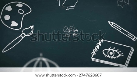 Displaying central technical doodles on classroom chalkboard, showing palette, notebook, pencil. Handdrawn, sketches, chalk, studio, education, creativity, math