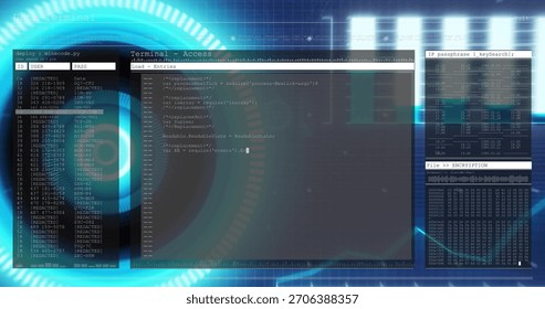 Displaying central terminal showing code and cursor on network GUI, with creds and hexdump panels. Interface, cybersecurity, dashboard, monitoring, encryption, hex, neon