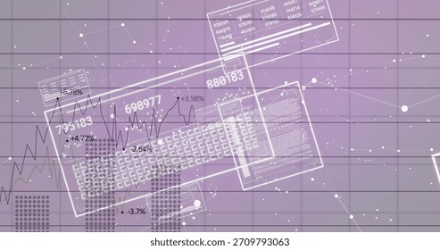 Displaying central translucent GUI windows showing line charts, numeric labels on purple grid. Analytics, dashboard, visualization, data, futuristic, abstract, matrix