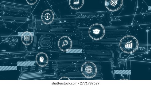 Displaying centralized network of glowing circular icons linking nodes at GUI, with data panels. Visualization, abstract, dashboard, glyphs, symbols, search, globe