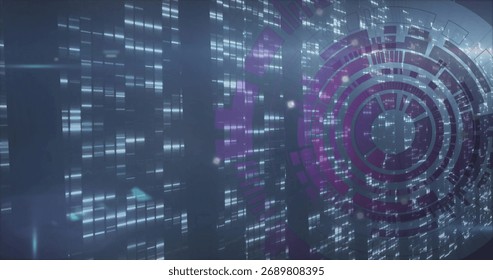 Displaying circular HUD overlay in interface, with pixel data flows and light matrices, copy space. Futuristic, technology, interface, digital, data visualization, abstract, cyber
