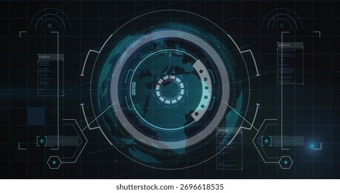 Displaying circular HUD in virtual control panel, highlighting concentric rings, world map mesh. Futuristic, technology, interface, dashboard, data visualization, digital, graphic design