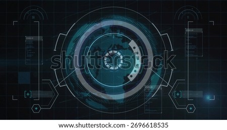 Displaying circular HUD in virtual control panel, highlighting concentric rings, world map mesh. Futuristic, technology, interface, dashboard, data visualization, digital, graphic design