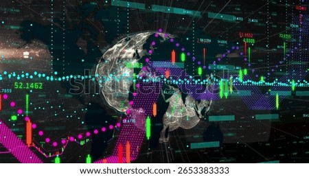 Displaying clear 3D Earth globe floating over dark data grid, showing candlesticks and trend lines. Financial metrics, data visualization, technological, investment, economic, analytics, futuristic