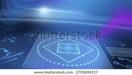 Displaying clear holo panel floating on grid plane, showing diamond target, dotted circular dial. Holographic, interface, dashboard, futuristic, neon, digital, ui