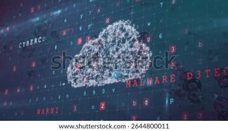 Displaying cloud icon linking codes on blue grid in virtual interface with CYBER, MALWARE DETECTION. Cloud, cybersecurity, data, network, protection, digital, technology