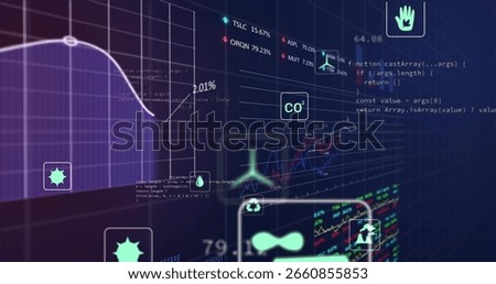 Displaying CO2 label icon floating over digital dashboard grid, with purple line chart, copy space. Futuristic, data visualization, analytics, technology, environment, digital, interface