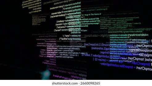 Displaying code snippets and terminal text glowing in virtual console with JavaScript syntax. Cyber, futuristic, abstract, technology, digital, immersive, vibrant