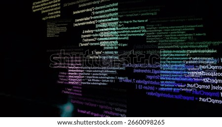 Displaying code snippets and terminal text glowing in virtual console with JavaScript syntax. Cyber, futuristic, abstract, technology, digital, immersive, vibrant