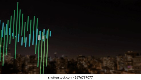 Displaying colored vertical bars forming audio equalizer over nighttime urban skyline, copy space. Technology, data visualization, neon, digital, metropolis, innovation, modern