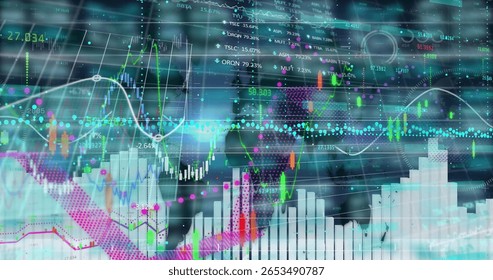 Displaying composite financial data on trading interface, with candlestick charts, line graphs. Analytics, technology, vibrant, digital interface, investment, dashboard, data visualization