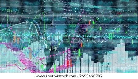 Displaying composite financial data on trading interface, with candlestick charts, line graphs. Analytics, technology, vibrant, digital interface, investment, dashboard, data visualization