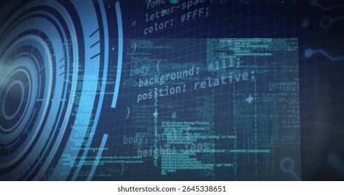 Displaying concentric circular HUD interface and scrolling code on faint grid background, console. Cybernetic, interface, blueprint, digital, technology, innovation, visualization
