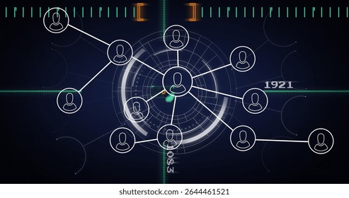 Displaying concentric radar interface pulsing over blue grid with user avatars and numeric overlay. Technology, data, network, digital, cybersecurity, interface, visualization
