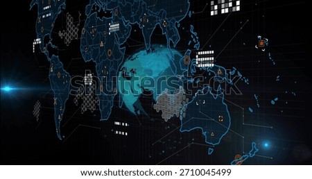Displaying cyan globe floating over digital dashboard, showing blue map, hex nodes, data panels. Orb, visualization, interface, holographic, network, grid, virtual