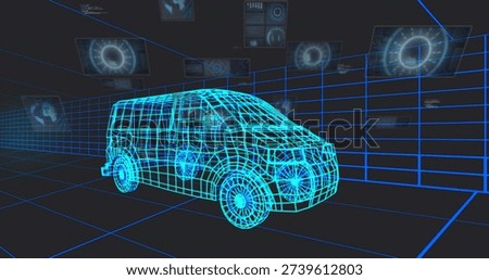 Displaying cyan wireframe 3D van model rotating on luminous grid floor, with floating HUD panels. Vehicle, neon, holographic, teal, virtual, showroom, futuristic