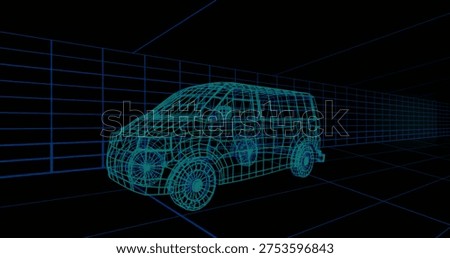 Displaying cyan wireframe van model occupying center in 3D grid tunnel, showing wheels mesh lines. Polygonal, vehicle, perspective, rendering, futuristic, neon, digital