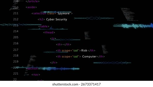 Displaying dark-themed HTML code snippet on workstation monitor, with glitch waveform overlay. Programming, cybersecurity, digital, modern, technology, development, user interface
