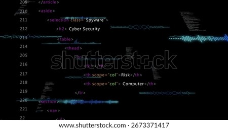 Displaying dark-themed HTML code snippet on workstation monitor, with glitch waveform overlay. Programming, cybersecurity, digital, modern, technology, development, user interface