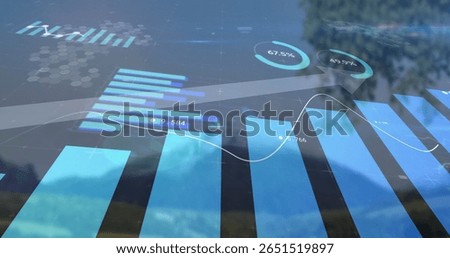 Displaying dashboard hovering over mountains, featuring bar charts, line graph, percentage gauges. Data visualization, technology, environmental interface, outdoor analytics, digital dashboard, scenic