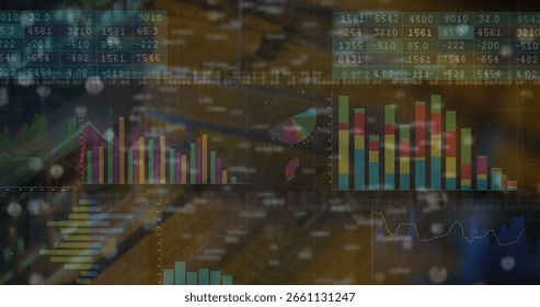 Displaying dashboard mapping data on office desk, with bar and multi-line graphs, numeric tables. Technology, analytics, interface, innovation, business, futurism, statistics