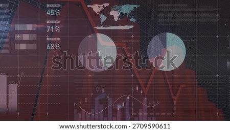 Displaying dashboard on maroon interface, showing descending red area chart and pie charts. Analytics, data, trendline, candlestick, worldmap, gridlines, axis