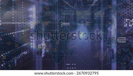 Displaying data center corridor, with server cabinets, LED lights and digital world map overlay. Technology, cybersecurity, digital, futuristic, networking, innovation, infrastructure