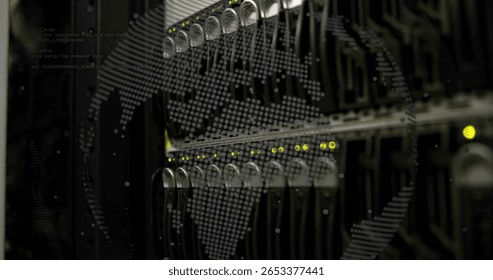 Displaying data center rack holding glowing hard drive bays in server room, with world map overlay. Technology, cybersecurity, data infrastructure, digital, network, hardware, innovation