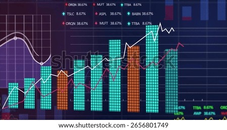 Displaying data chart tracing market trends on trading screen, with segmented bars and line graphs. Analytics, finance, dashboard, visualization, technology, data, metrics