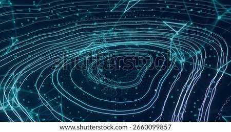 Displaying data network forming neon-blue contour rings in cyberspace, with glowing nodes. Futuristic, technology, connectivity, digital art, abstract, network, innovation