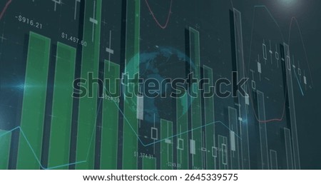 Displaying data on screen with green bars, candlesticks, trend lines, globe map and currency labels. Finance, analytics, technology, investment, data, dashboard, stockmarket