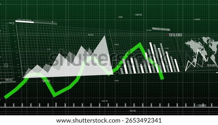 Displaying data visualization on dashboard, with area chart, line chart, bar charts, world map. Analytics, dashboards, visualization, finance, technology, innovation, data