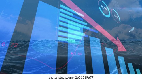 Displaying data visualization overlay merging sea waves with vertical bar chart and red arrow. Abstract, marine, dynamic, technological, futuristic, analytics, progress