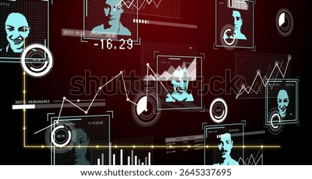 Displaying digital dashboard in virtual interface, featuring biometric scans, face icons and graphs. Futuristic, technology, analytics, interface, network, visualization, innovation