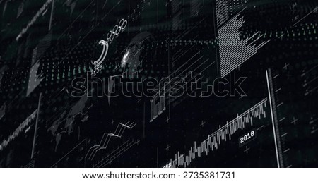 Displaying digital data overlay occupying center in dashboard, showing line graphs, bars, 2018. Analytics, finance, timeseries, candlestick, map, grid, translucent