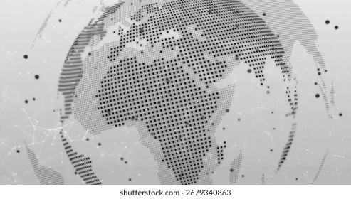 Displaying digital dotted globe mapping network links in abstract interface, with circular nodes. Geography, connectivity, technology, innovation, data, abstract, futuristic