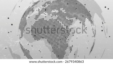 Displaying digital dotted globe mapping network links in abstract interface, with circular nodes. Geography, connectivity, technology, innovation, data, abstract, futuristic