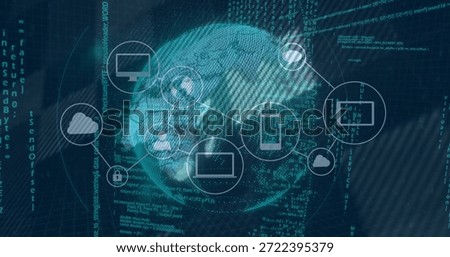 Displaying digital globe connecting device and service icons in virtual space, showing code streams. Network, connectivity, cybersecurity, visualization, futuristic, abstract, teal