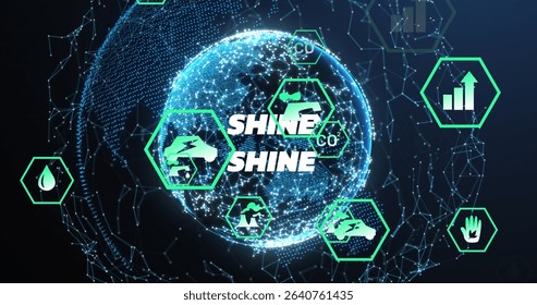 Displaying digital globe rotating in digital network, with SHINE text and green hexagon icons. Global, connectivity, innovation, data visualization, sustainability, technology, futuristic