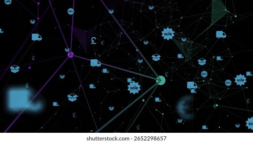 Displaying digital network graph pulsing in dark space, with truck, box, pound and sale badge icons. Futuristic, technology, connectivity, digital, data, logistics, abstract