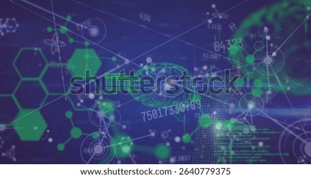 Displaying digital network interface in dark blue field, with green hexagons and circular nodes. Technology, cybersecurity, data, innovation, futurism, interface, connectivity